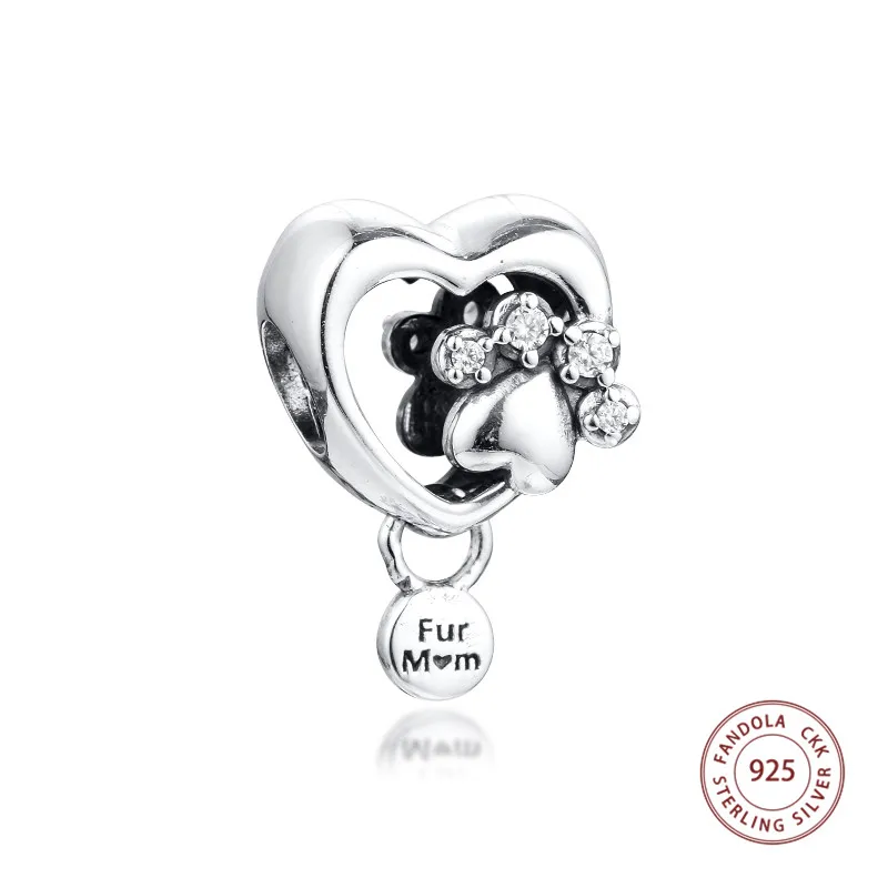 

Fits Pandora Bracelet 925 Sterling Silver Sparkling Paw Print & Heart Charms Clear CZ Beads for Jewelry Making Berloques Kralen