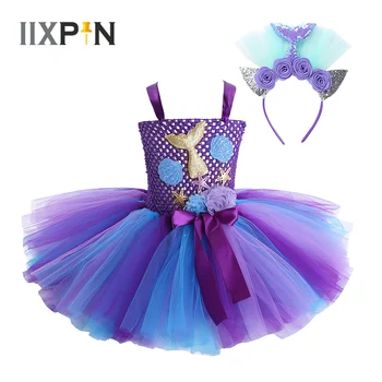 

Kids Girls Tutu Dress Princess Mermaid Costume Mermaid Tail Scallop Starfish Applique 3D Flower Mesh Tutu Dress with Hair Hoop