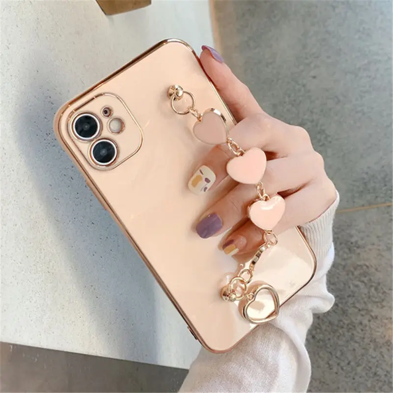 Luxury Gold Plated Electroplated Heart Bracelet Hand Strap Holder Cover for iPhone 11 Pro Max XR X XS 7 8 Plus SE 20