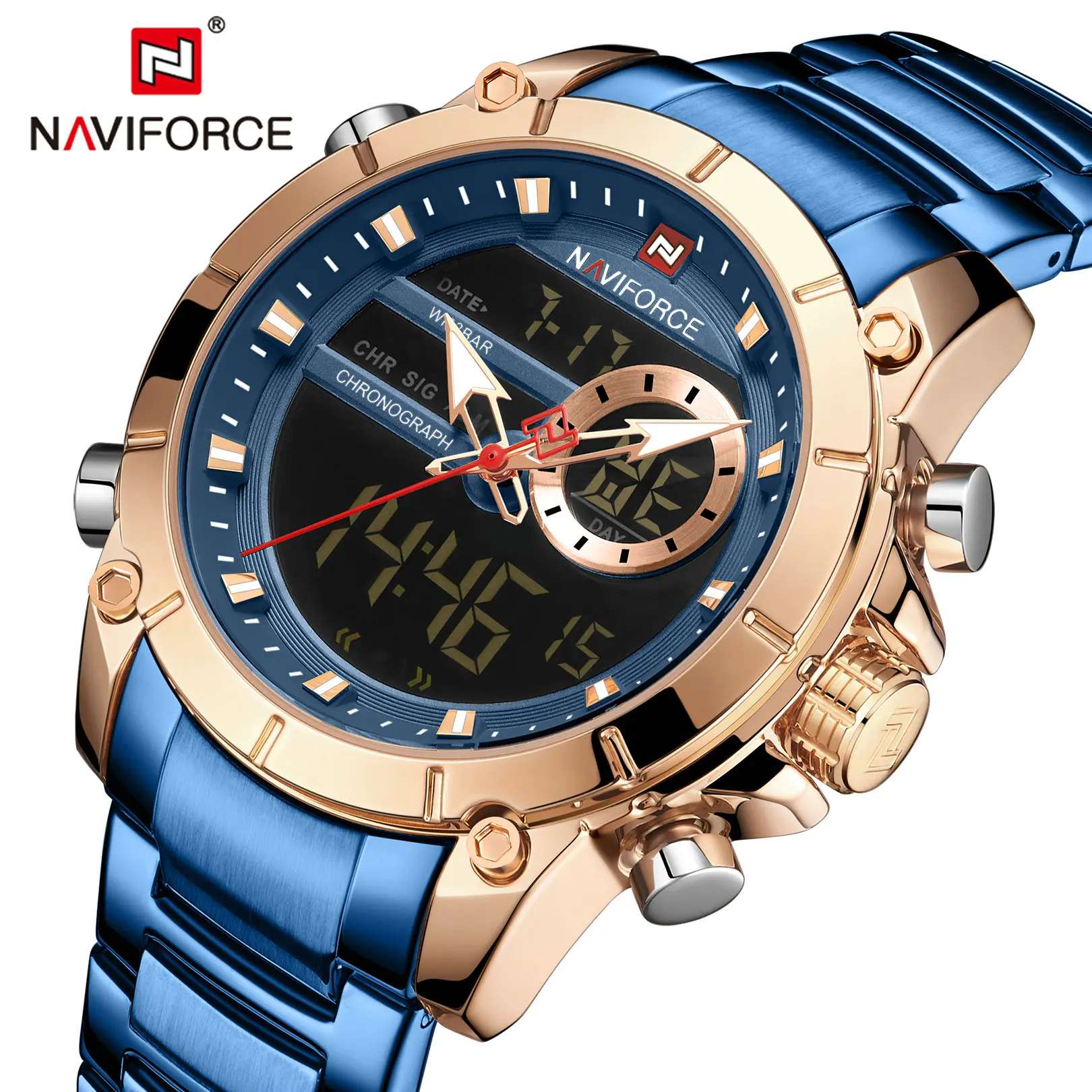 NAVIFORCE Dual Time Quartz Watch Men Multifunction Date Alarm LED Analog Digital Watches Blue Full Steel Strap Relogio Masculino
NAVIFORCE Dual Time Quartz Watch Men Multifunction Date Alarm LED Analog Digital Watches Blue Full Steel Strap Relogio Masculino