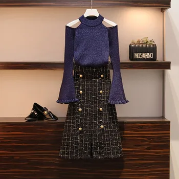 Spring Autumn Women Runway Sexy Off Shoulder Knitted Sweater Flare sleeve Tops+High Waist Plaid Tweed Long Skirt Two Piece Set 
Spring Autumn Women Runway Sexy Off Shoulder Knitted Sweater Flare sleeve Tops+High Waist Plaid Tweed Long Skirt Two Piece Set