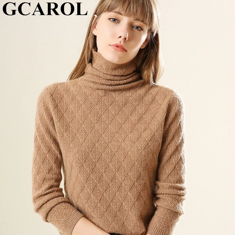 

GCAROL Women 30% Wool Turtleneck Slim Sweater Diamond Lattice Warm Jumper Stretch Spring Fall Winter Knitted Pullover
