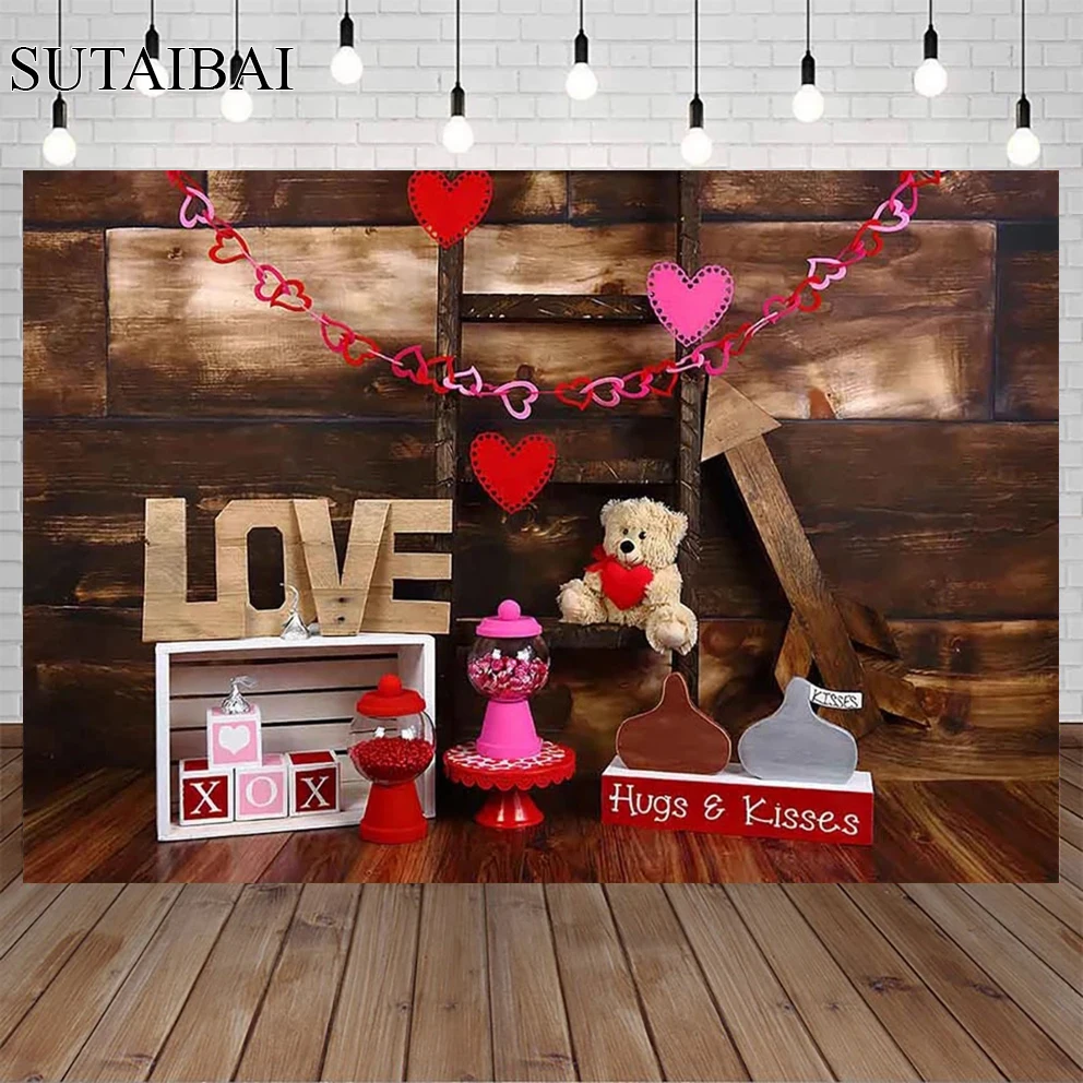 

Valentine's Day Backdrop Rustic Wooden Kissing Booth Photography Photo Red Love Teddy Bear Lover Theme Background Portrait