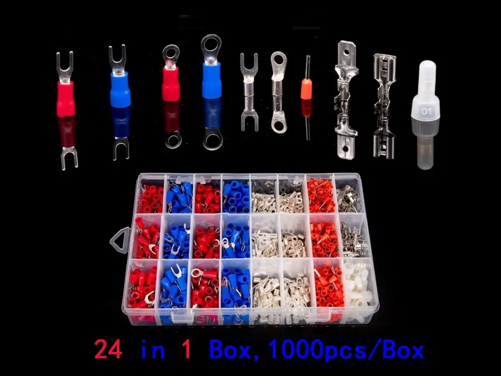 1000Pcs Insulated Crimp Terminals Set 24Types Electrical Cable Wire Cord Pin End Connectors Spade Fork Ring Assortment Kit
1000Pcs Insulated Crimp Terminals Set 24Types Electrical Cable Wire Cord Pin End Connectors Spade Fork Ring Assortment Kit