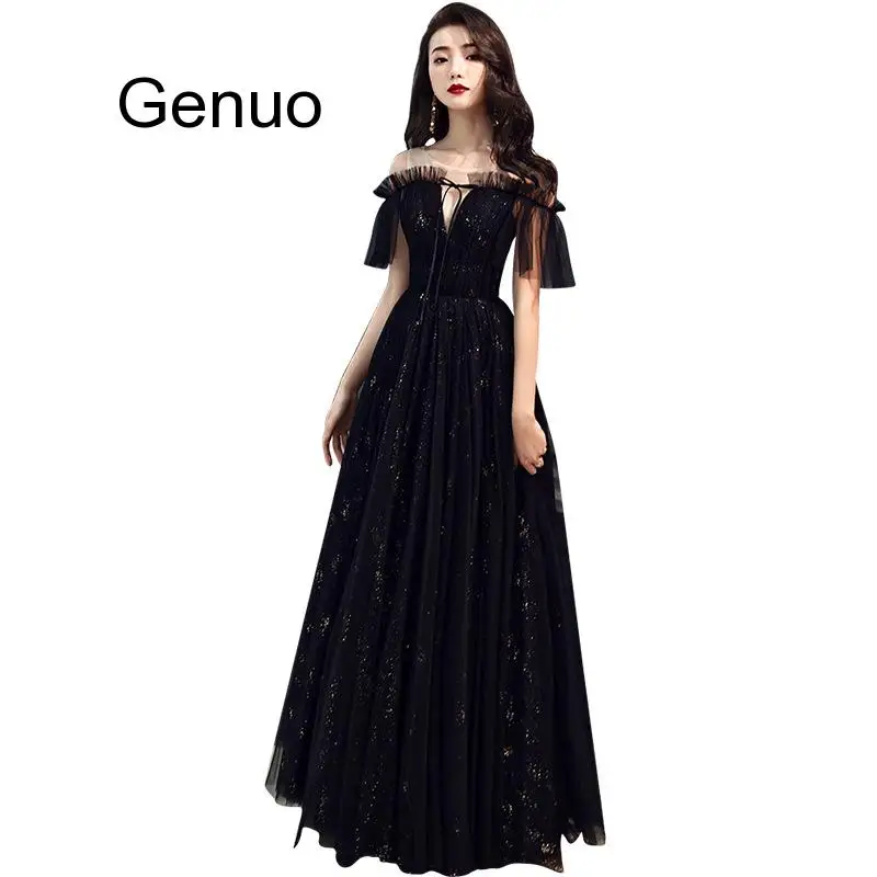 

Dress Female Ladies Noble Elegant Off The Shoulder Black Long Annual Meeting Party Host Dress Noble Aura Queen Dames Jurken