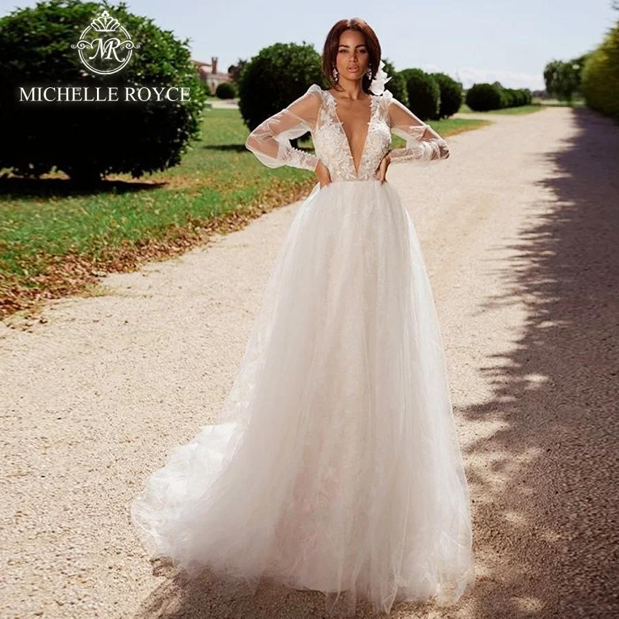 

Michelle Royce A-Ling Wedding Dresses 2020 Sexy Deep V-Neck Long Sleeve Appliques Illusion Button Chapel Train Vestido De Noiva