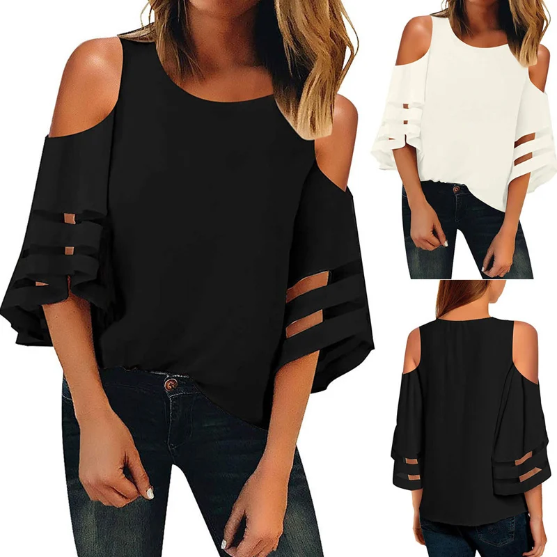 Droppshiping Women Cold Shoulder Mesh Panel 3/4 Bell Sleeve Loose Tops Shirt for Summer dg88
Droppshiping Women Cold Shoulder Mesh Panel 3/4 Bell Sleeve Loose Tops Shirt for Summer dg88