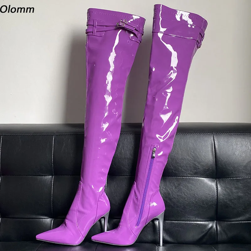 

Olomm Hot Women Spring Thigh Boots Stiletto High Heels Boots Nice Pointed Toe Gorgeous Purple Party Shoes Ladies US Size 5-15