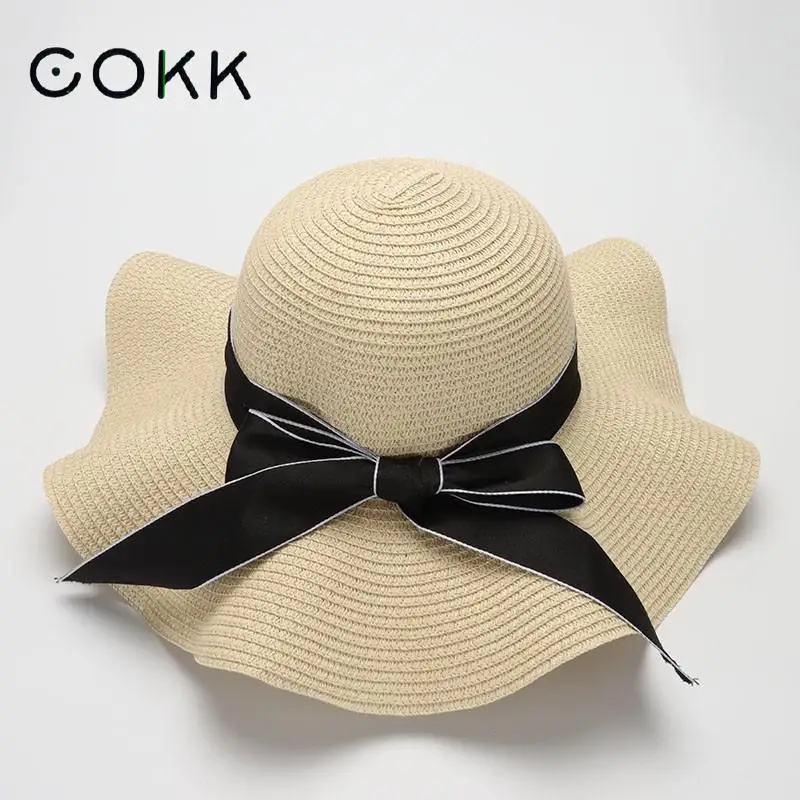 

COKK New Summer Sun Hat Female Bow Ribbon Hat Visor Straw Hats Women's Sea Beach Vacation Leisure Sunscreen Panama Cap Sunhat