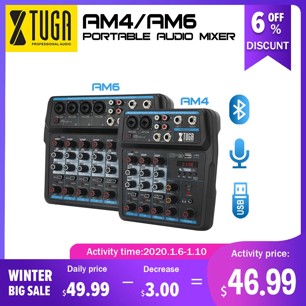 XTUGA AM4/AM6 Mini Audio Mixer DJ Console with Sound Card,Bluetooth,USB, 48V Phantom Power for PC Recording Singing Party
XTUGA AM4/AM6 Mini Audio Mixer DJ Console with Sound Card,Bluetooth,USB, 48V Phantom Power for PC Recording Singing Party