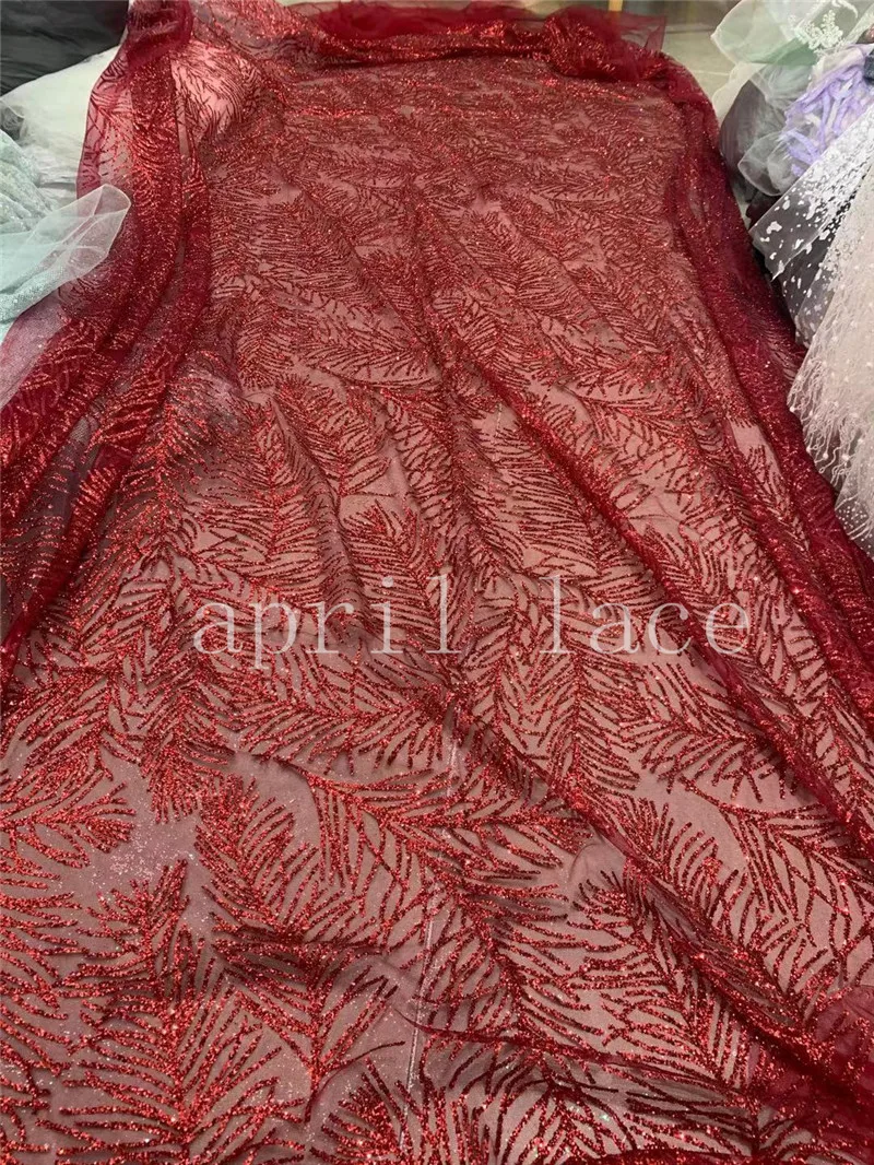 5 ярдов JR01 # April Свадебное кружево, Африканское блестящее темно-красное Тюлевое кружево с узором в виде перьев для модных случаев, швейное свадебное платье
