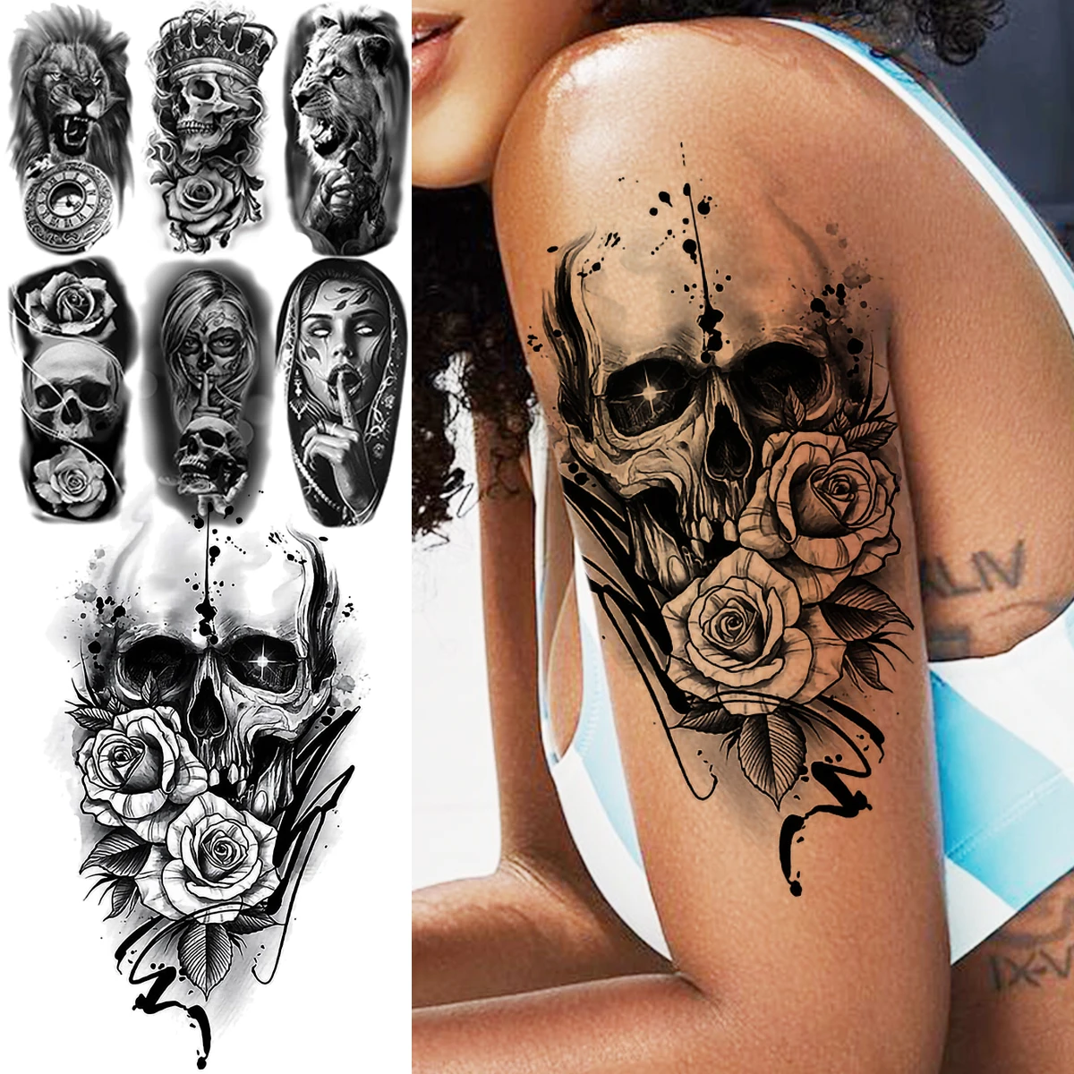 

3D Black Skull Head Rose Flower Temporary Tattoos For Women Adult Lion Tiger Vampire Compass Fake Tattoo Sexy Half Sleeve Tatoos