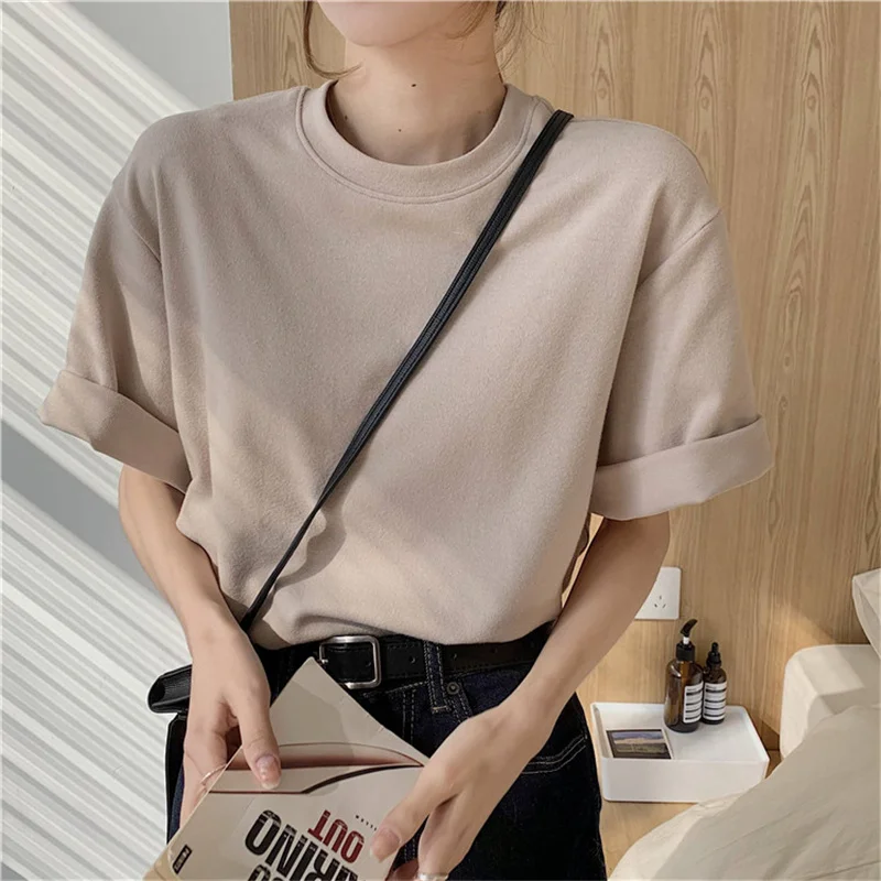 Hot Minimalist High Quality Gentle Short Sleeves Tops Sungtin Basic Women New Female Korean Loose Solid T-shirts Simple
Hot Minimalist High Quality Gentle Short Sleeves Tops Sungtin Basic Women New Female Korean Loose Solid T-shirts Simple
