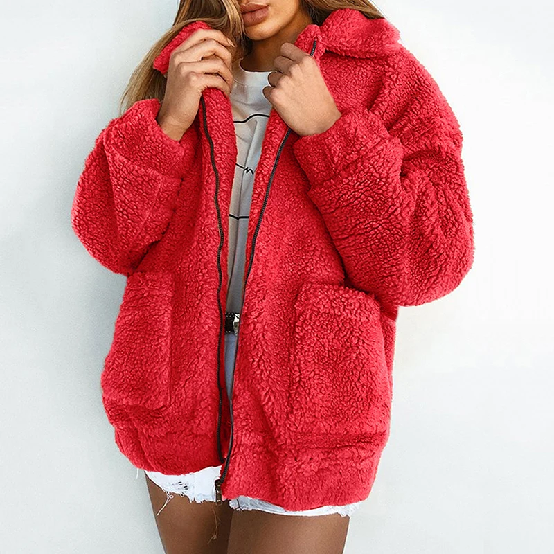 

Winter Women Faux Fur Jacket Fluffy Teddy Bear Fleece Fake Fur Coat Zip Pocket Long Sleeve Casual Streetwear Manteau Femme Hiver