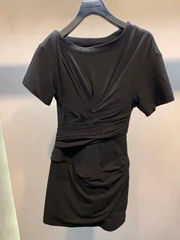 Women Dress New Personality Pleated Lace Stitching Irregular Short-sleeved Dress Women
Women Dress New Personality Pleated Lace Stitching Irregular Short-sleeved Dress Women