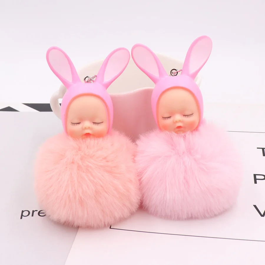 Cartoon Cute Rabbit ears Baby Doll Keychain Flower Pompom Fur Ball Key Chain Fluffy Car Keyring porte clef Bag Ring | Украшения и