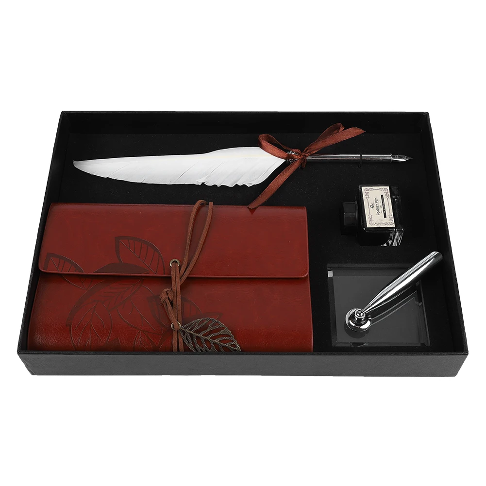 Retro Leather Notebook Fountain Pen Feather Dip Pen With Empty Ink Bottle Pen Nib Base Set Stationery Gift Box Classical Style
Retro Leather Notebook Fountain Pen Feather Dip Pen With Empty Ink Bottle Pen Nib Base Set Stationery Gift Box Classical Style