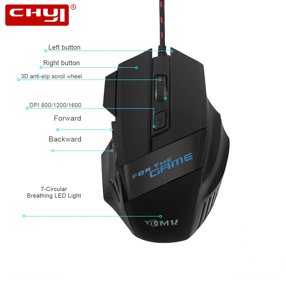 

CHYI RGB Gaming Mouse For Computer Gamer Optical Usb Cable Wired PC Game Mause 6 Button 1600 DPI Ergonomic LED Mice For Laptop