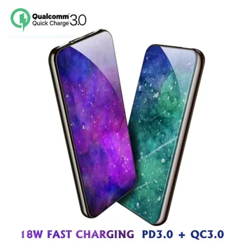 

2019 New 10000mAh Power Bank 18W PD3.0 QC3.0 Fast Charging Type-C Input / Output Tempered Glass Surface