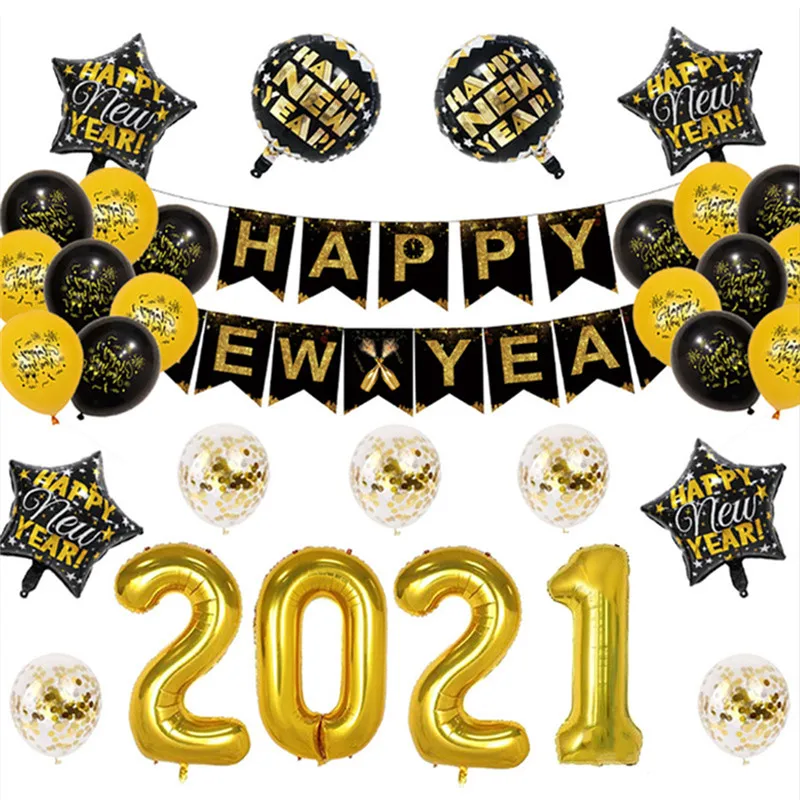 

Happy New Year 2021 Foil Balloons Set Gold Black Banner Garland Navidad Merry Christmas Eve Paper Photo Props Party Decoration