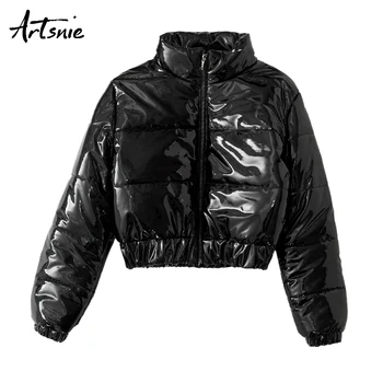 

Artsnie black casual turtleneck cropped parkas women winter 2019 faux leather streetwear coats mujer thick parkas chaqueta mujer