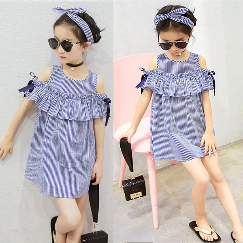 2020 Fashion Sweet Lovely Summer Dress Toddler Baby Girls Off Shoulder O-Neck Bow Blue Striped Straight Mini Dress Outfit Party 2020 Fashion Sweet Lovely Summer Dress Toddler Baby Girls Off Shoulder O-Neck Bow Blue Striped Straight Mini Dress Outfit Party