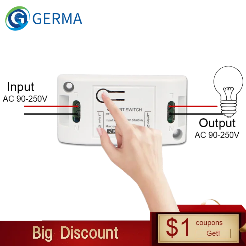 GERMA 433MHz AC 110V 220V 1 CH RF Relay Receiver Module Universal Wireless Remote Control Switch For LED Light Lamps Fans DIY
GERMA 433MHz AC 110V 220V 1 CH RF Relay Receiver Module Universal Wireless Remote Control Switch For LED Light Lamps Fans DIY