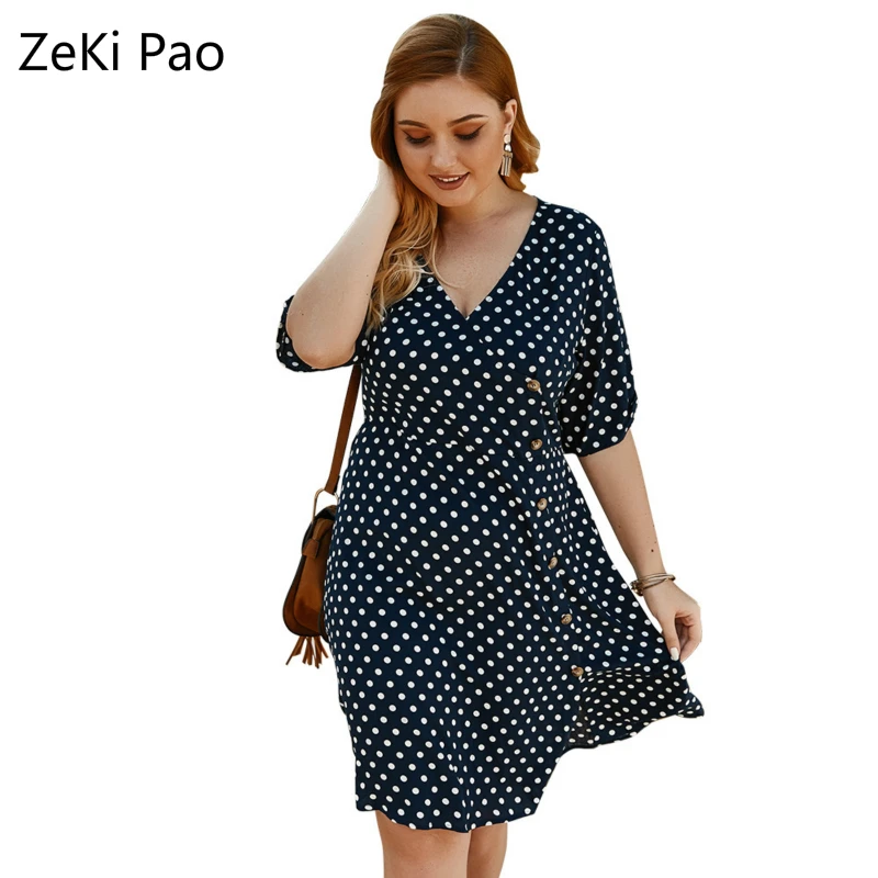 Spring and Summer Sexy Plus Size Women's V-neck Five-point Sleeve Polka Dot Print Boho Dress Single-breasted Elegant Dress 4XL
Spring and Summer Sexy Plus Size Women's V-neck Five-point Sleeve Polka Dot Print Boho Dress Single-breasted Elegant Dress 4XL