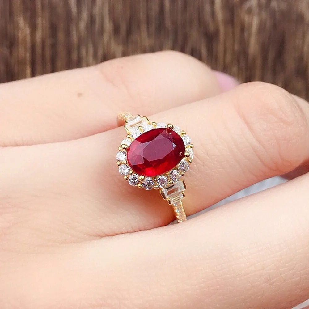 

Classical Fashion Red Crystal Ruby Gemstones Diamonds Rings for Women 14k Gold Color Jewelry Bague Bijoux Party Gift Accessories