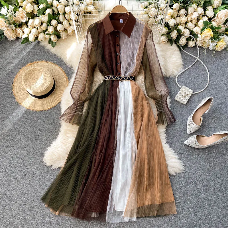Women's Spring Summer Runway Fashion Long Sleeve Contrast Color Patchwork Mesh Dress Female Travel Chic Party Beach Dress TB1804
Women's Spring Summer Runway Fashion Long Sleeve Contrast Color Patchwork Mesh Dress Female Travel Chic Party Beach Dress TB1804