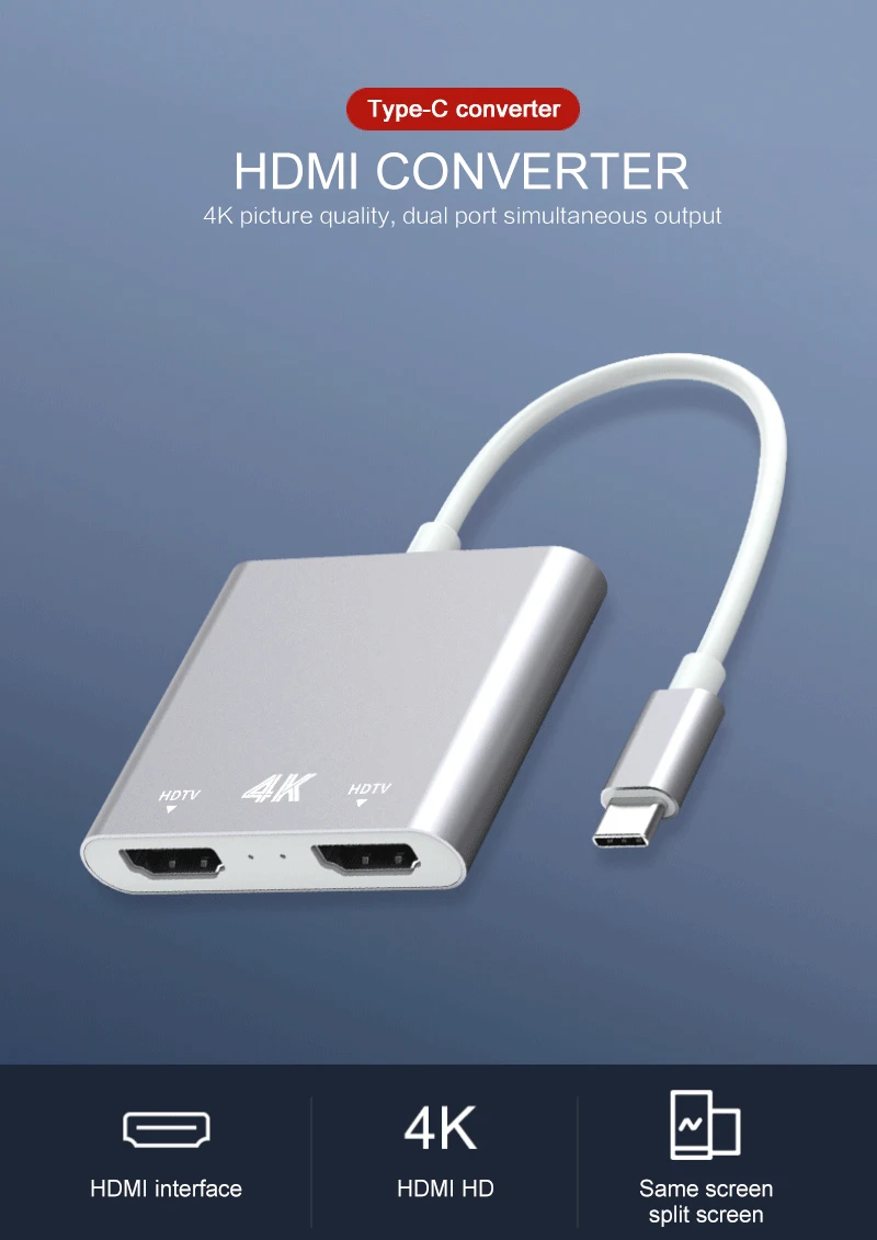 Type-C To HDMI High-Definition 4K Same Screen Converter 1 Enter 2 Out HD TV HDMI Split Screen Video Cable Converter Connector
Type-C To HDMI High-Definition 4K Same Screen Converter 1 Enter 2 Out HD TV HDMI Split Screen Video Cable Converter Connector