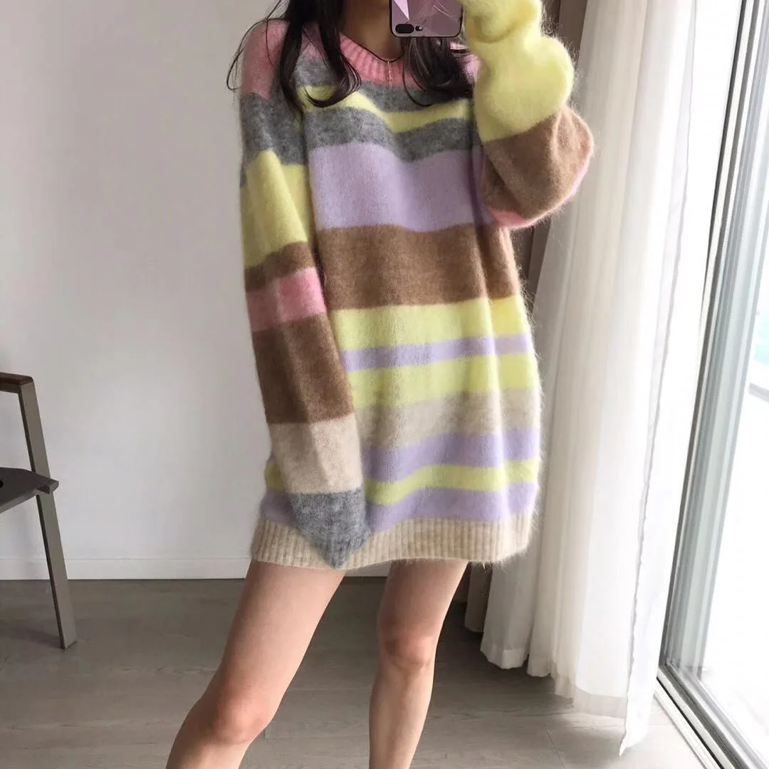 Fall 2019 New Wool Fashion Rainbow Striped Turtleneck Sweater Knitted Sweater Aging Super Sweet O-Neck Pullovers Women Sweater
Fall 2019 New Wool Fashion Rainbow Striped Turtleneck Sweater Knitted Sweater Aging Super Sweet O-Neck Pullovers Women Sweater