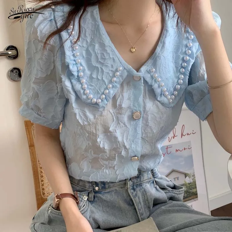 

Retro beaded flower blouse lapel shirt top 2021 summer V-neck blouse short sleeve 15565