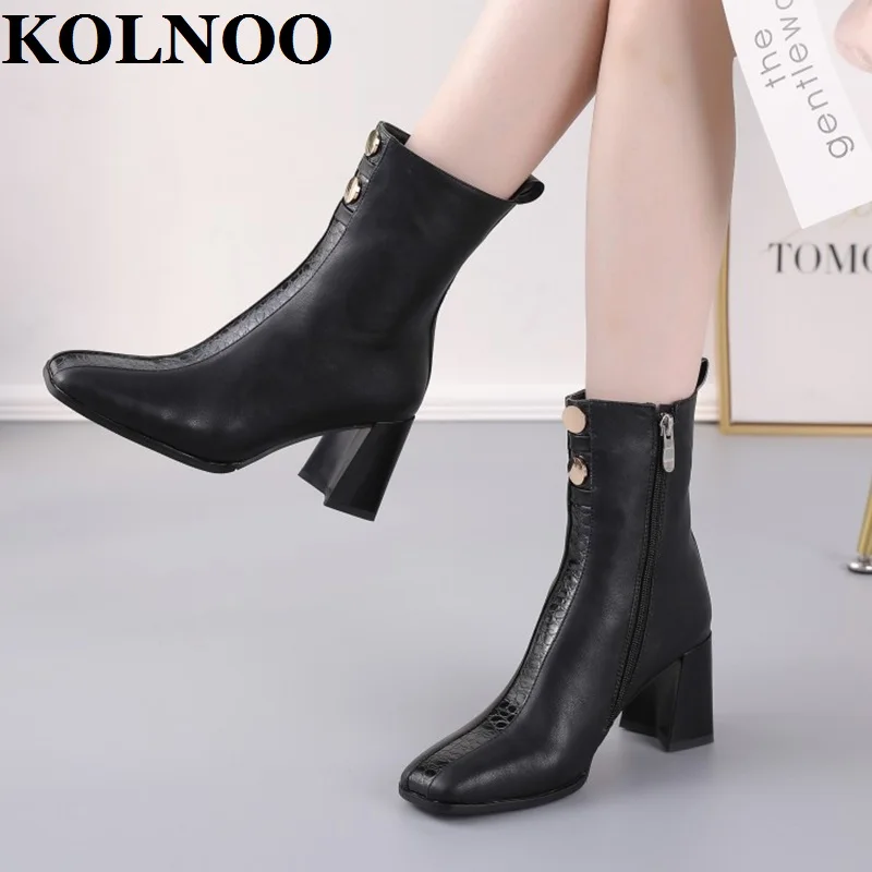 

KOLNOO New Handmade Womens Chunky Heels Boots Square-Toe Party Prom Ankle Booties Large Size 34-43 Winter Evening Fashion Shoes