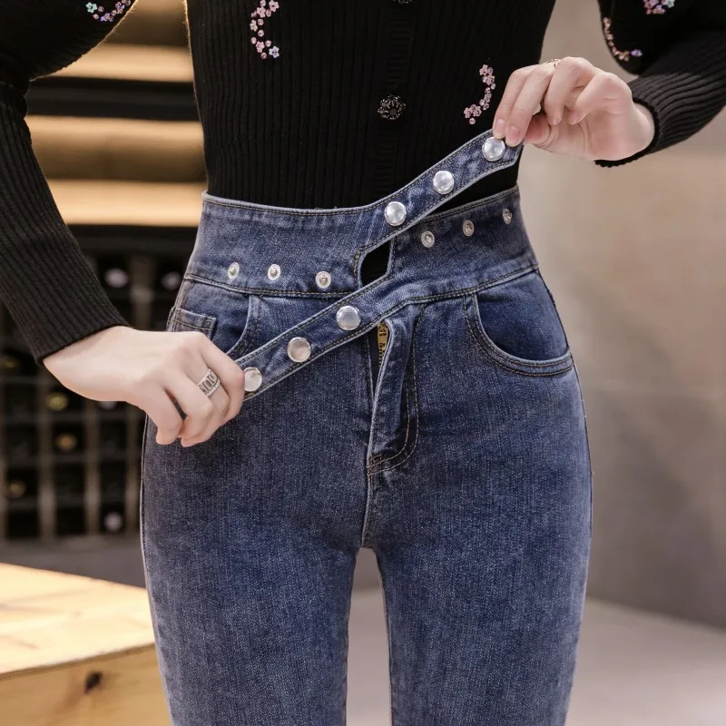 2019 новые модные женские джинсы с высокой талией в Корейском стиле Стрейчевые