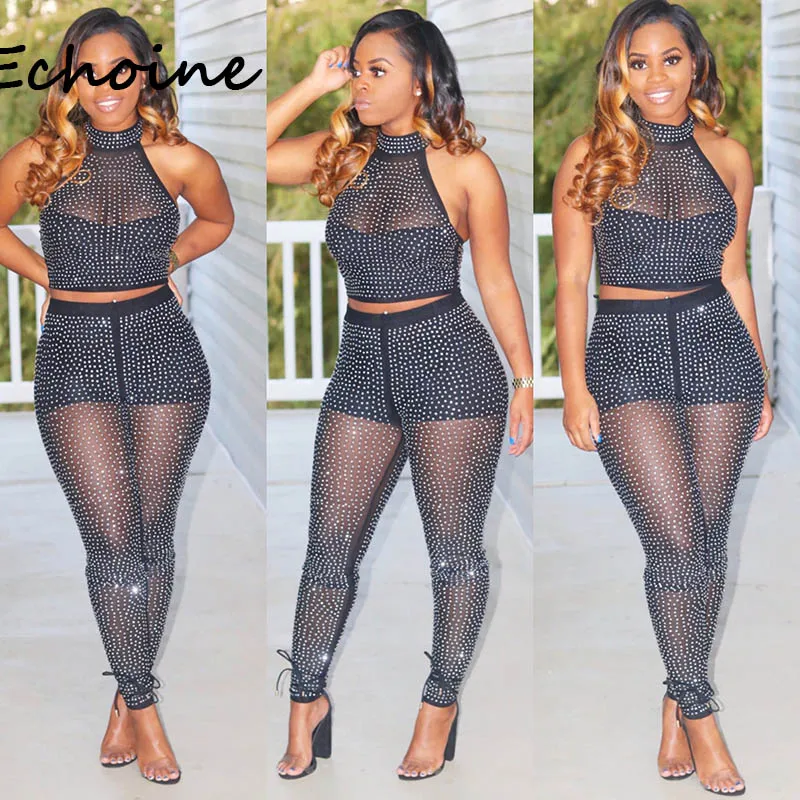 Sexy Two Pieces Set Sheer Mesh Halter Solid Black Womens Tops And Blouses Sleeveless Evening Party Night Tracksuit Vestidos
Sexy Two Pieces Set Sheer Mesh Halter Solid Black Womens Tops And Blouses Sleeveless Evening Party Night Tracksuit Vestidos