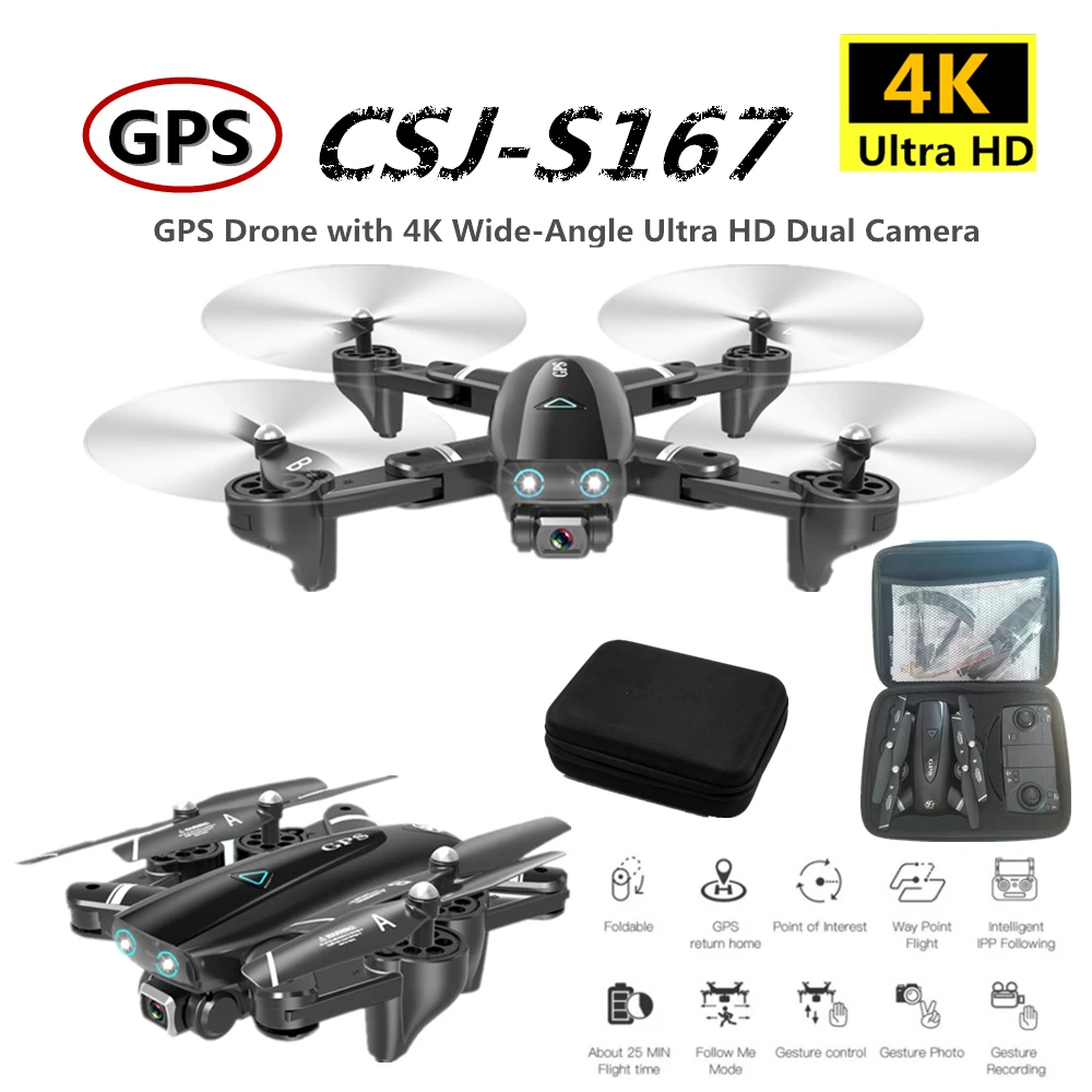 

S167 RC GPS Drone 4K Quadcopter with 4K/1080P 5G WiFi FPV HD Wide Angle Camera Foldable Quadrocopter Dron VS E58 SG906 F11 XS812