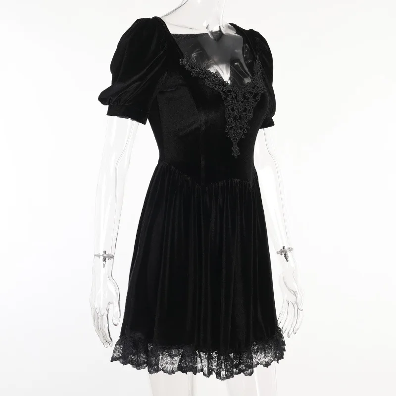 Gothic Black Women Elegant Pleated Dress Summer Lady Lace V Neck Puff Short Sleeve Velvet Dresses Embroidery Empire Vestidos Gothic Black Women Elegant Pleated Dress Summer Lady Lace V Neck Puff Short Sleeve Velvet Dresses Embroidery Empire Vestidos