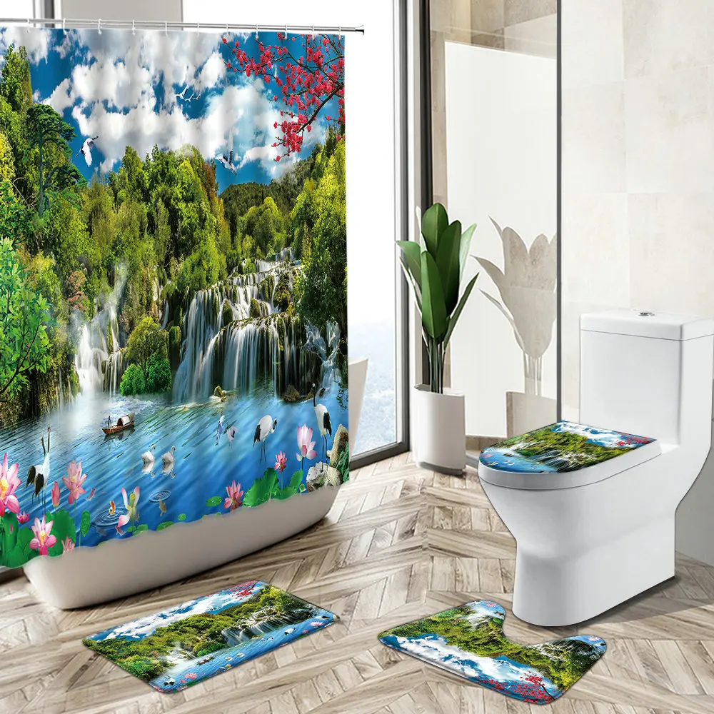 

Landscape Scenery Shower Curtain Forest Waterfall Lotus Green Plant Flower Non-Slip Pedestal Rug Toilet Cover Bathroom Deco Set