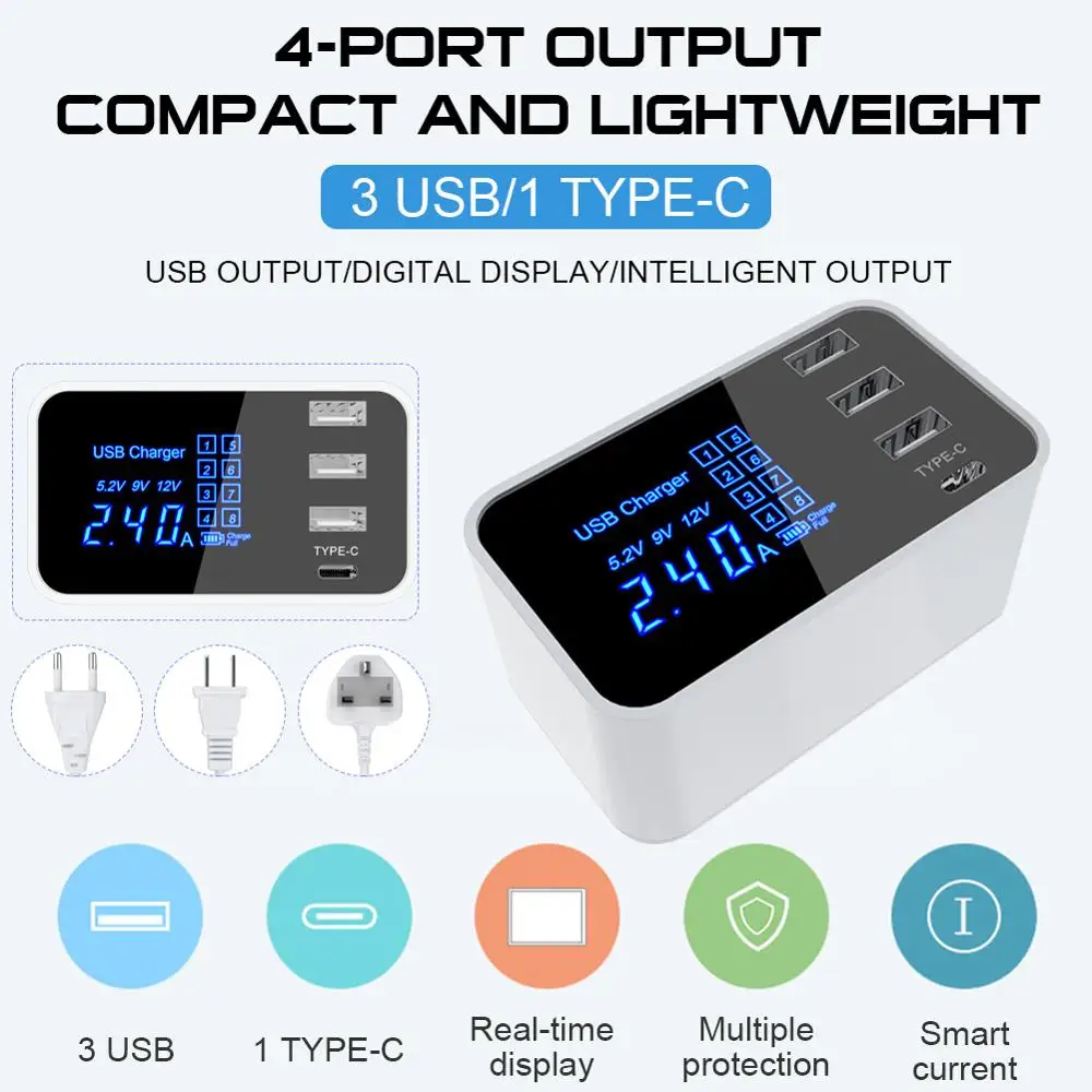 Multi-Port USB Charger 4-Port Desktop Charging Station Hub with LCD Display, 3 USB+1 Type-C
Multi-Port USB Charger 4-Port Desktop Charging Station Hub with LCD Display, 3 USB+1 Type-C