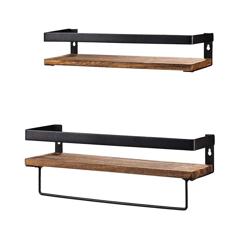 Фото Bathroom Storage Shelf Wall Mounted Set of 2 Rustic Wood Floating Shelves with Removable Towel Bar Perfect for Kitchen | Обустройство