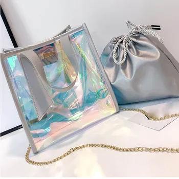 Holographic Laser Pu Woman Bags Jelly Bag Hologram Transparent Handbag Tote Rainbow PVC Composite Bag Chain Summer Shoulder Bag 
Holographic Laser Pu Woman Bags Jelly Bag Hologram Transparent Handbag Tote Rainbow PVC Composite Bag Chain Summer Shoulder Bag