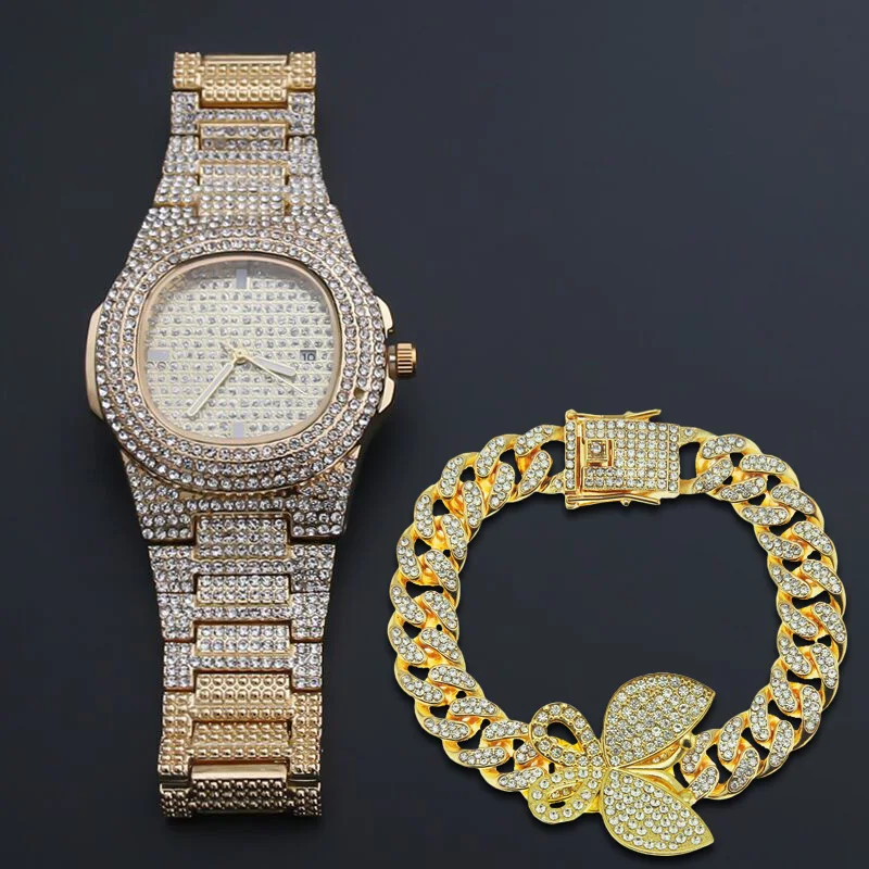 Мужские браслеты в стиле хип хоп с кристаллами и Золотая серебряная цепочка