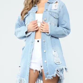 

Plus Size S-3XL Women Long Denim Jackets Coat Autumn Winter Oversized Longline Hole Ripped Boyfriend Denim Jacket Outwear 2019