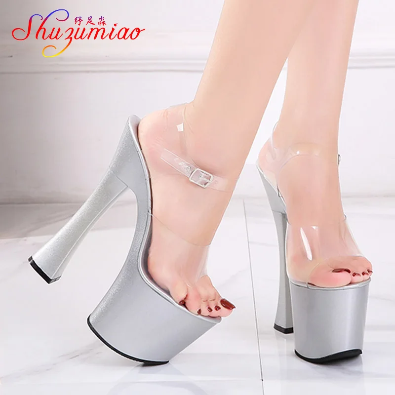 

2021 Summer Black Platform Sandals Transparent PVC Sexy Models Show 20CM High Heels Night Club Women Pole Dancing Shoes Size 43