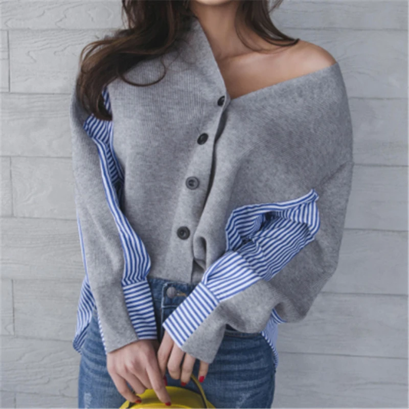 2020 Autumn New Patchwork Shirt Stitching Knitted Cardigan Striped Elegant Single-breasted Women's V-neck Sweater Coat
2020 Autumn New Patchwork Shirt Stitching Knitted Cardigan Striped Elegant Single-breasted Women's V-neck Sweater Coat