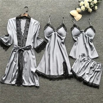 Women Pajamas Sets Satin Sleepwear Faux Silk 4 Pieces Nightwear Pyjama Spaghetti Strap Lace Sleep Lounge Pijama With 2 Chest Pad
Women Pajamas Sets Satin Sleepwear Faux Silk 4 Pieces Nightwear Pyjama Spaghetti Strap Lace Sleep Lounge Pijama With 2 Chest Pad