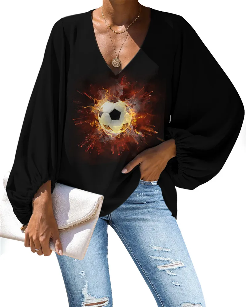 Chiffon Blouse Women 3D Football Print Plus Size Ladies Top And Blouses V-neck Loose Long Lantern Sleeves Black Top Bluzka
Chiffon Blouse Women 3D Football Print Plus Size Ladies Top And Blouses V-neck Loose Long Lantern Sleeves Black Top Bluzka