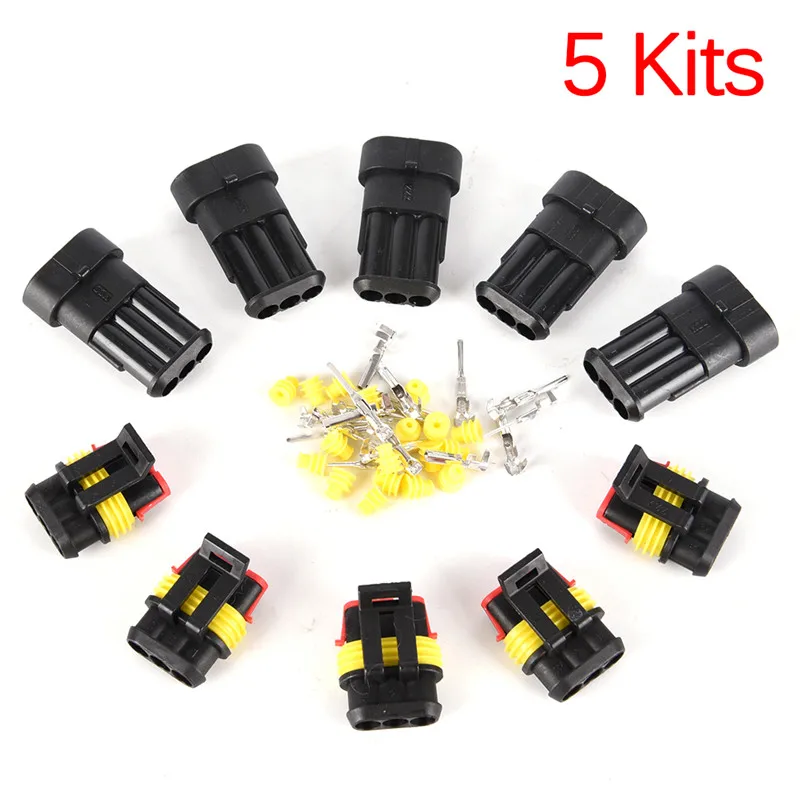 Baoblaze Set of 5 3 Pin Electrical Connector Plug Socket Kit with Wire Waterproof