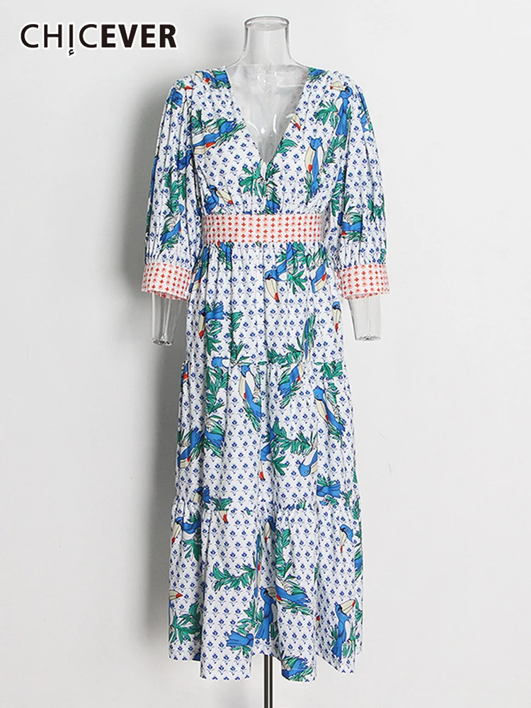 

ECRURANI Casual Floral Print Midi Dress For Women V Neck Puff Short Sleeve High Waist Colorblock A Line Dresses Female 2021 New